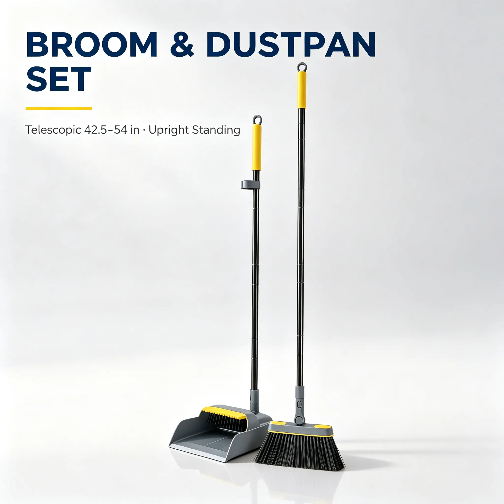 Plastic-Metal Extendable Handle Broom and Standing Dustpan Single Set, 42.5-54 in Adjustable Length, Durable Nylon Bristles, Comfortable Floor Cleaning Household Tool for Kitchen, Home