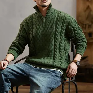 Men's quarter-zip half turtleneck solid color cable knit sweater casual men's top, comfortable heavyweight warm suitable for autumn and winter daily wear,