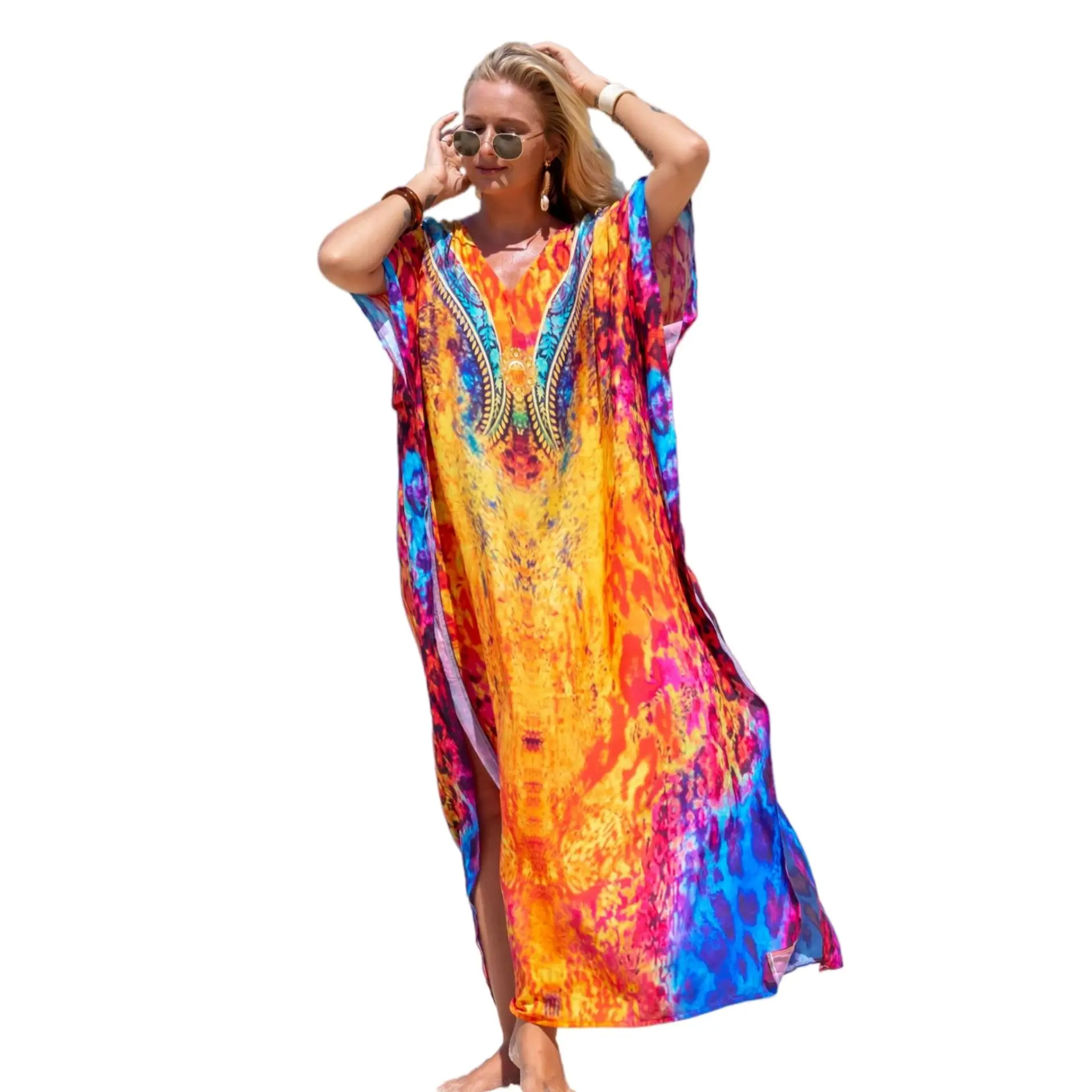 Women's Plus Size Caftan, Bohemian Print V-Neck Maxi Dress in Breathable Viscose, Long Batwing Sleeve Beach Cover Up with Side Slits, Boho Casual Bohemian, Imported, Lady, Evening, Floor Length, 55.51" Long Drape, Hand Wash Only, M-Xxl, Outdoors