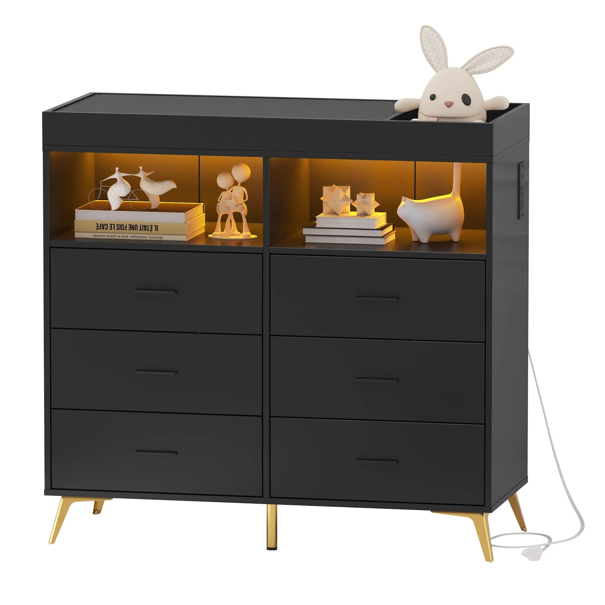 Garvee Modern 6-Drawer Nursery Dresser with Changing Table Top – LED Light, Power Outlet, Metal Feet, Multi-functional Organizer for Baby Bedroom – Black