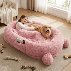 Pink Human Sized Dog Bed, 71" x 45" x 12" Large Dog Bed with 2 Storage Pockets, Fluffy Faux Fur Orthopedic Pet Bean Bed for Adults & Giant Pets
