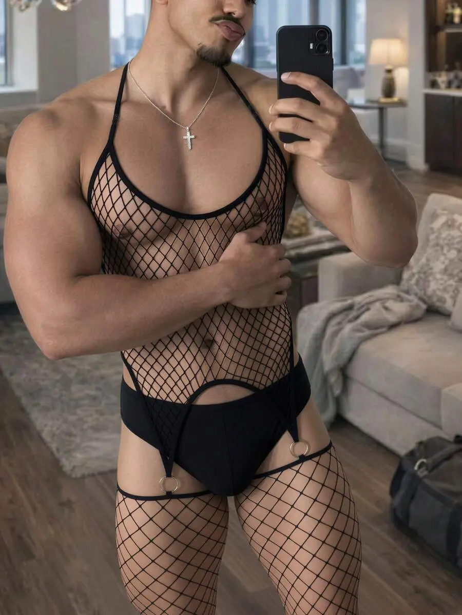 Fishnet Bodystocking Men's Sexy Lingerie, Contour Striped Jumpsuit