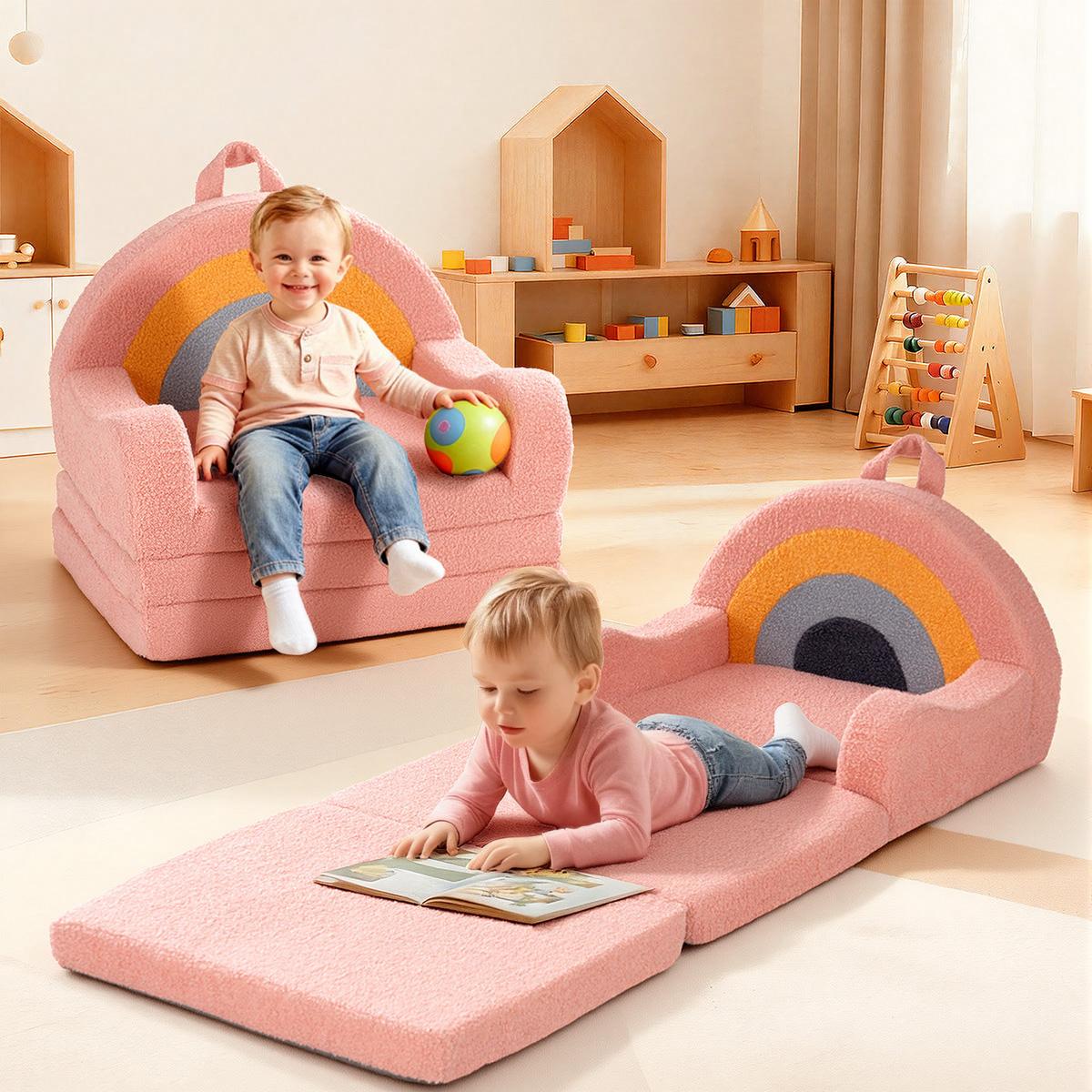 COMOMY Toddler Couch, 2 in 1 Kids Couch, Foldable Baby Soft Couch Chair for Boys and Girls Gift, Convertible Sofa to Lounger- Ideal for Napping, Reading, and Playing, Rainbow, Pink