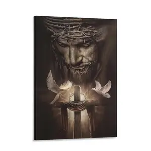 Christian Jesus Lion Canvas Wall Art, Jesus And The Cross And The Dove Of Peace Decor Artwork Christian Wall Art Picture of God Posters For Room Churches
