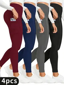 4PCS High Waist Yoga Legging, Tummy Control Workout Running Yoga Leggings, Bicycle Pants, Fitness Tight Pants With Pockets, Women Casual Knit Pants, Comfy Stretchy Fabric, 4 Vibrant Colors Black Gray Red Blue