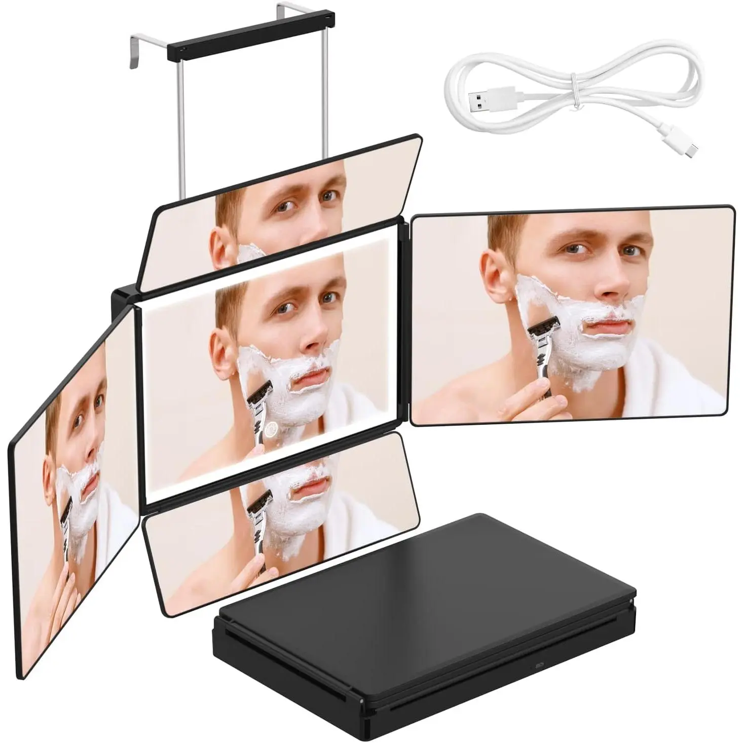 5 Way Mirror, 360 Mirror for Self Hair  and Brading Hair, Clear Anti-Fog  Glass, USB Rechargeable, Portable Height Adjustable Telescoping Hooks
