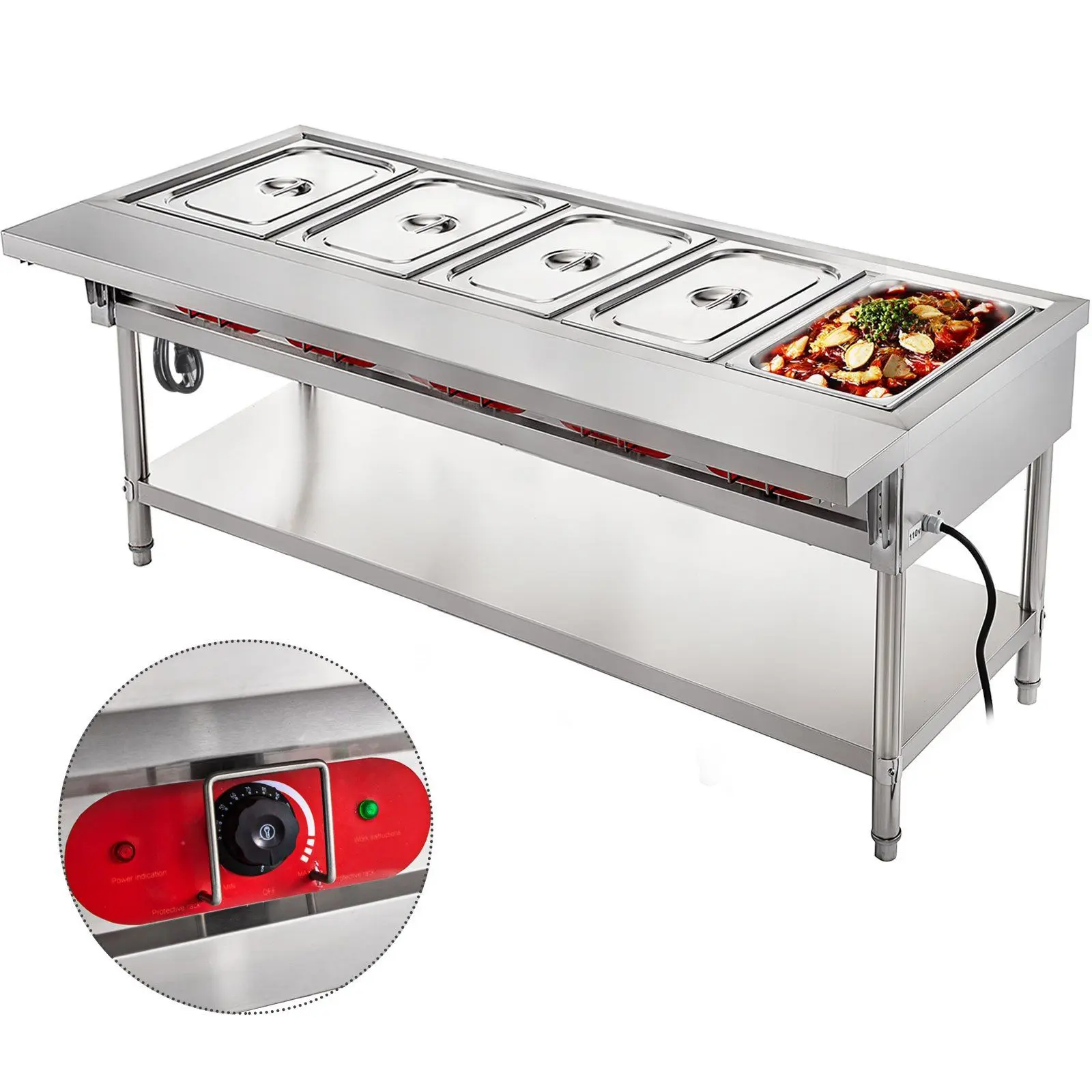 VEVOR Commercial Electric Food Warmer 5 Pot Steam Table Food Warmer 18 Quart/Pan with Lids with 7 Inch Cutting Board Food Grade Stainless Steel Steam Table Serving Counter 220V 3750W for Restaurant