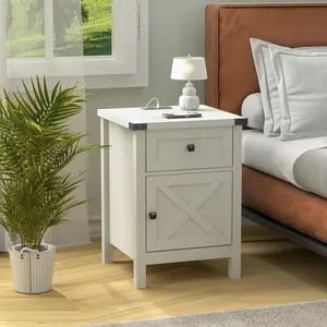 Farmhouse Nightstand with  Station, White Side Table, Rustic End Table with Barn Door and Drawer, Rustic Floating Nightstands Modern Bed Side Table Night Stand for Bedroom and Living Room
