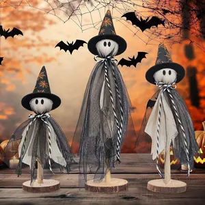 Wooden Ghost Halloween Decorations Indoor, Set of 3 Primitive Halloween Ghosts on Wooden Stand, Spooky Cute Ghosts for Farmhouse Shelf Mantel Kitchen Home & Office Decor (Black)