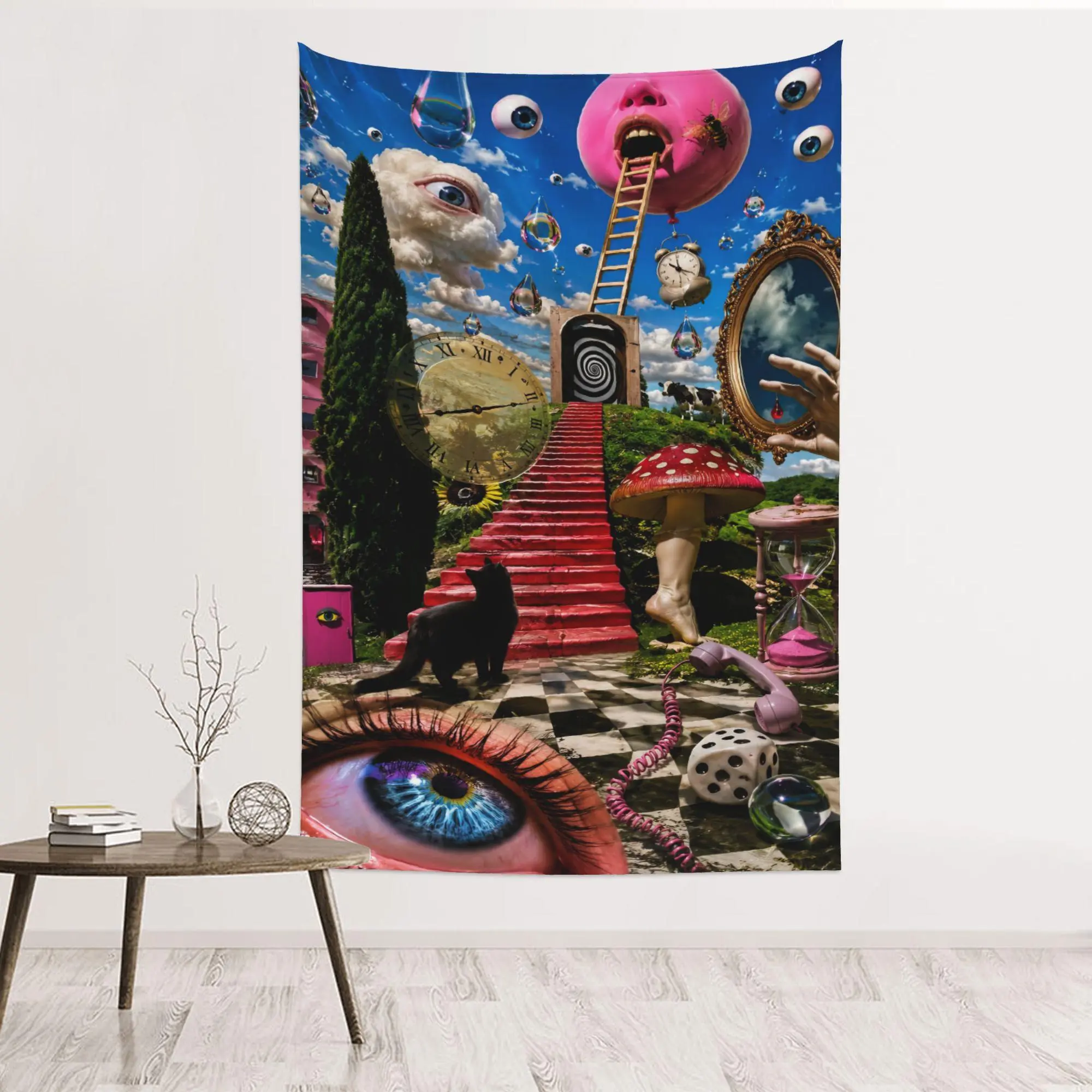 Trippy Tapestry Weirdcore Aesthetic Pink Stairway Black Cat Wall Blanket