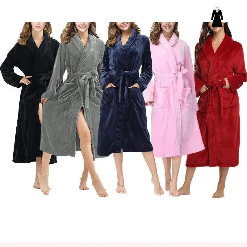 VJH-Women'S Solid Color Lapel Bathrobe Autumn And Winter Models Facecloth Warm And Comfortable Long-Sleeved Robe Homewear  peng