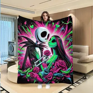 Jack Sally Couple Blanket Rose Pattern Flannel Home Warm Cover, Cozy Blanket Throw, Creative Digital Print Fleece Throw, Valentine's Day Gift, Multi-Purpose Outdoor Blanket