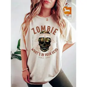 1pc Vintage Zombie Graphic Tee - Women'S Casual Round Neck T-Shirt - Polyester Knit Fabric - Regular Length - Spring/Summer Collection - For Women - Perfect for Casual Wear - Great Gift for Fans of Horror & Pop Culture