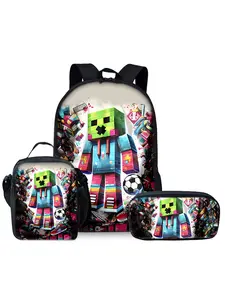 Cartoon building block pattern printed 17-inch Cute Backpack School Backpacks three-piece set (single-layer backpack + shoulder strap lunch bag + single-layer pencil bag)