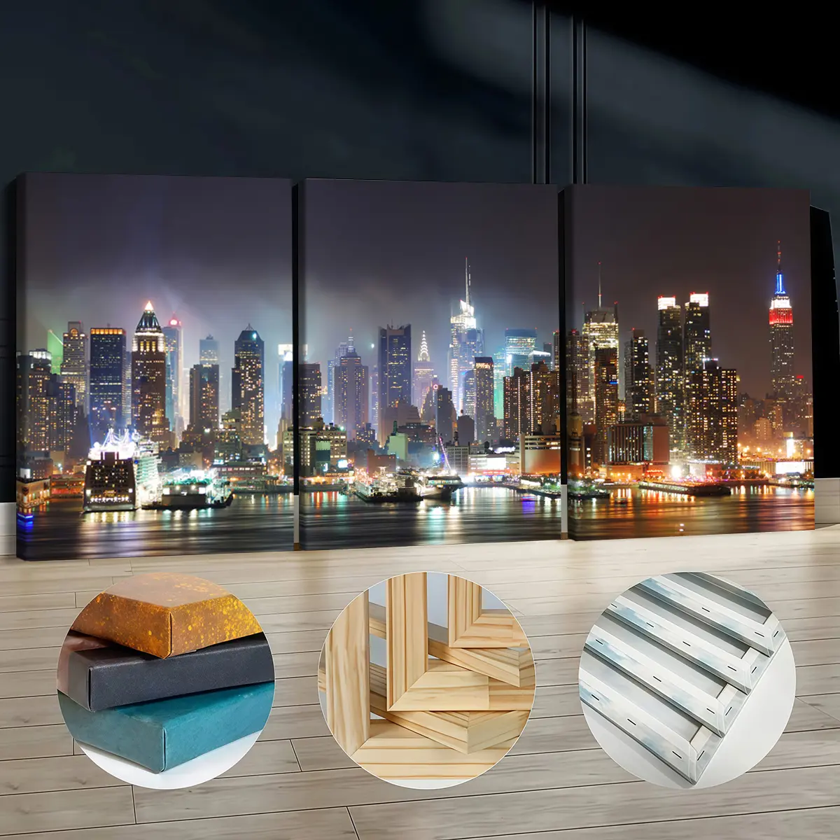 3Pcs Artistic Wooden-Framed Canvas Prints - Night City Wall Art, Odorless Home Supplies, Living Room Decorations, Bedroom Room Accessories