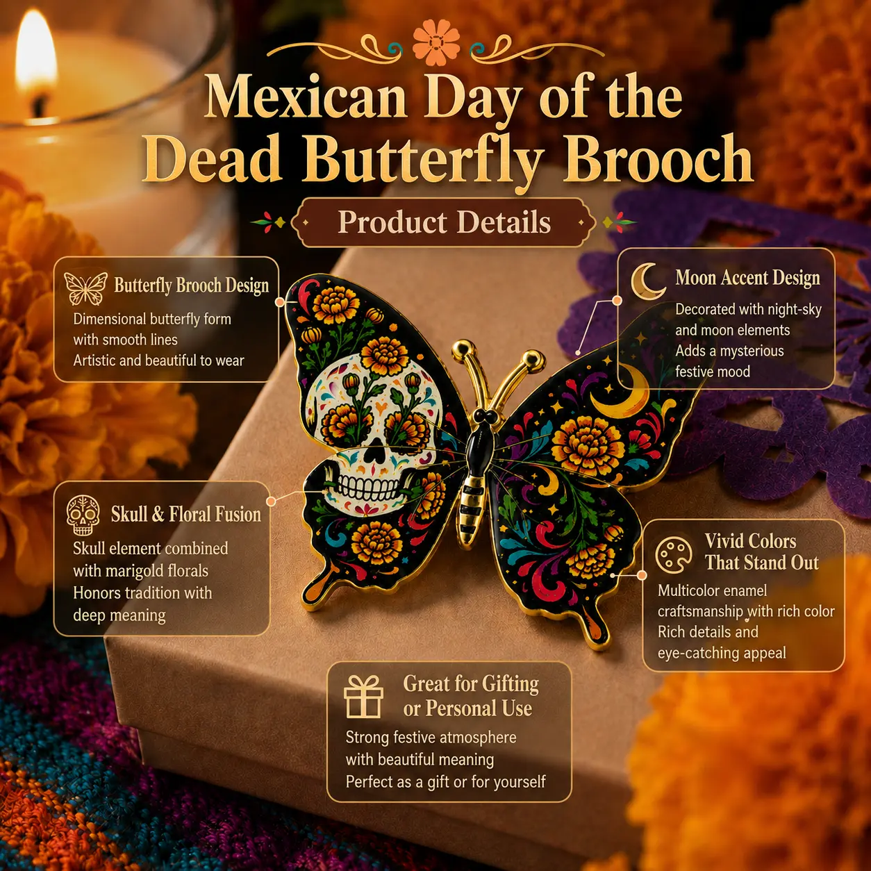Mexican Day of the Dead Butterfly Brooch, Sugar Skull Floral Butterfly Pin, Colorful Dia de los Muertos Halloween Costume Jewelry Gift