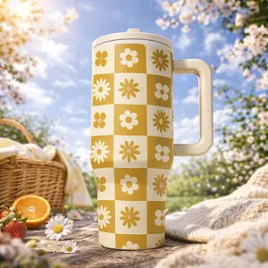 1pc 40oz Stainless Steel Retro Daisy Checkerboard Tumbler With Handle And Lid, Large Capacity Insulated Travel Mug, Double Wall Vacuum Coffee Cup Keeps Drinks Cold 12H Hot 6H, Vintage Floral Aesthetic Gift For Women Girls For Car Office Picnic Use, Flasks