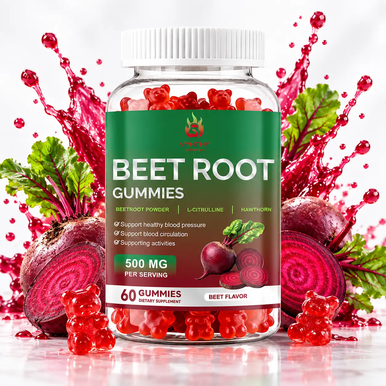 VYHTHY Beet Root Gummies – Beetroot Gummies with L-Citrulline – Beets Gummies for Circulation Support – Beet Supplement for Energy & Immune Support – 60 Beets Chews