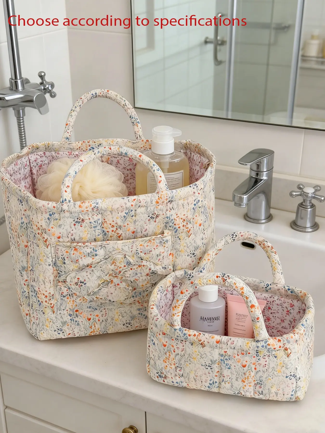 Floral Quilted Decorative Storage Basket with Handles, Aesthetic Fabric Organizer Tote for Cosmetics & Sundries, Cute Storage Bin for Bathroom, Vanity & Home Use, Toiletries Organizer, Organization Baskets, Storage Organiser