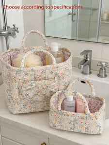 Floral Quilted Storage Basket with Handles, Aesthetic Fabric Organizer Tote for Cosmetics & Sundries, Cute Storage Bin for Bathroom, Vanity & Home Use