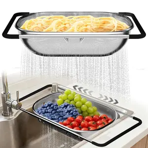 Over the Sink Colander - Strainers and Colanders - Sink Strainer Basket - Expandable Fine Mesh Strainer with Rubber Grip for Veggie, Fruits, Pasta, Home Kitchen Essentials, Draining