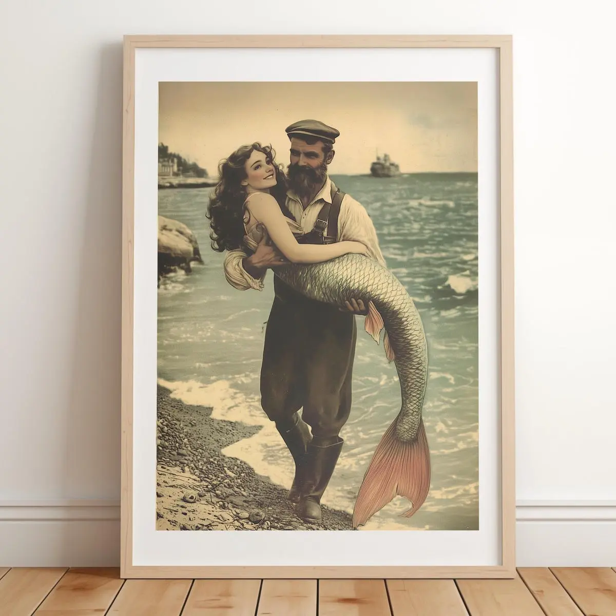 Vintage Mermaid Wall Art - Fisherman Aesthetic - Mermaid And Fisherman Poster - Nautical Coastal Decor - Quirky Bathroom Print, Room Decor, Unframed