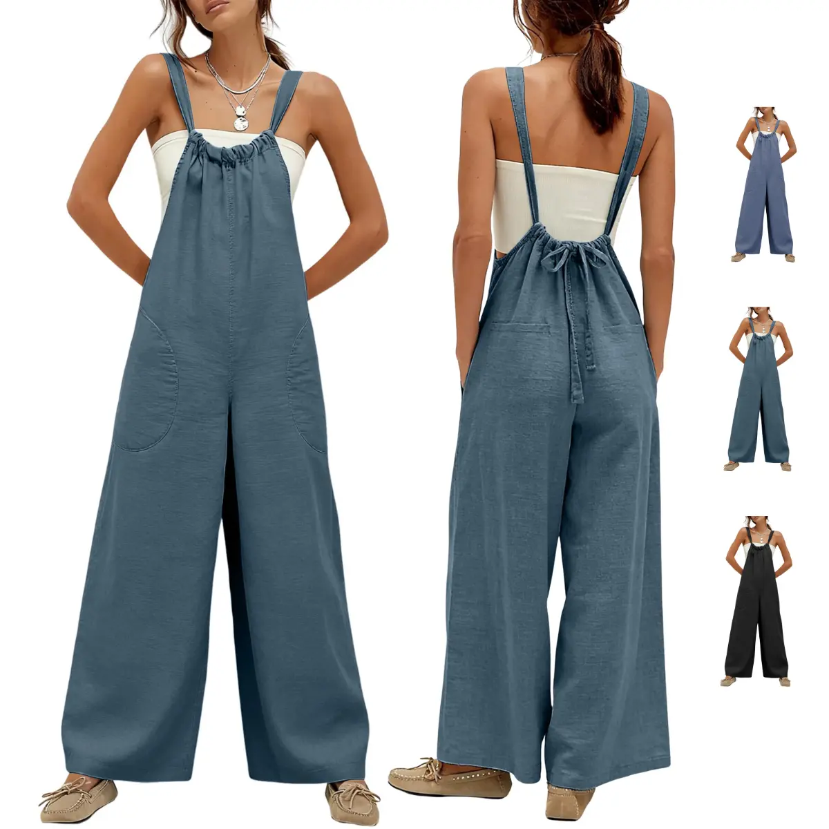 Ommig Women's Wide-Leg Cotton Overalls Jumpsuit - Sleeveless Strappy Bandeau, Adjustable Straps, Open Back, Tie-Back Drawstring, 2 Pockets, Solid Basics, Chic Vintage Modest Casual Holiday Wear
