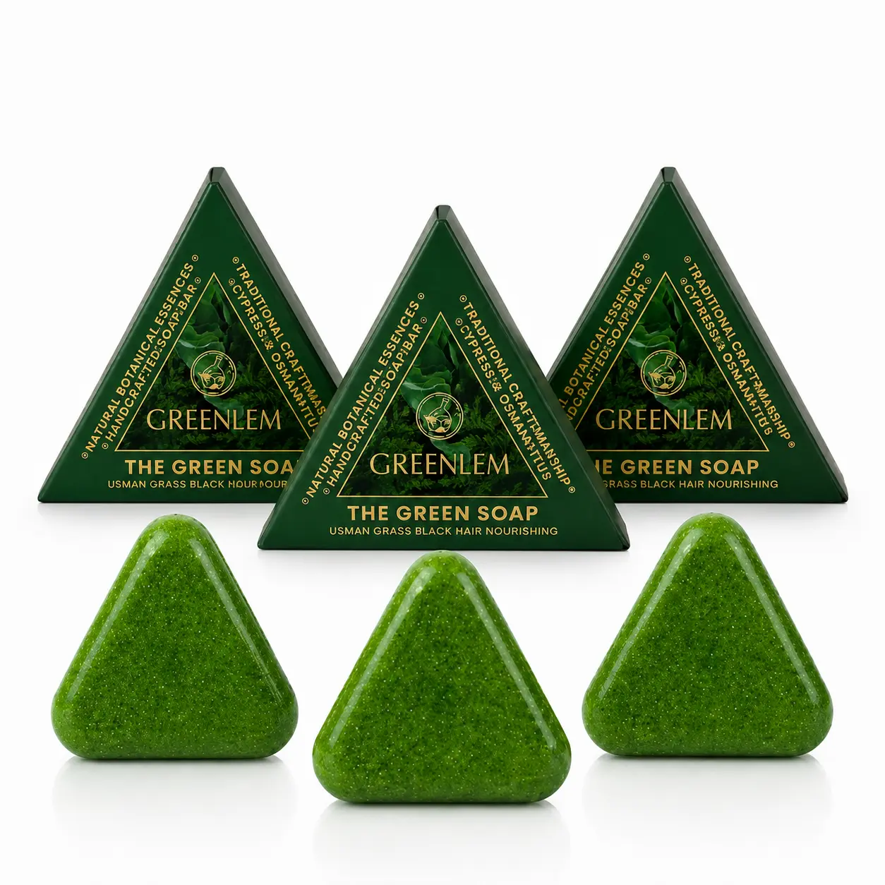 3-Pack Solid Nature Triangle Shampoo Bar Bundle - 7 Green Soap, Usman Grass Varieties, Strengthens & Smooths Hair, Gentle for Normal & All Hair Types