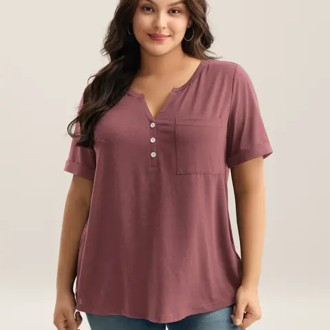BLOOMCHIC Plus Size Blouse for Women [M-6X] - V-Neck Short Sleeve Button Detail Top with Pocket, Relaxed Fit Casual Workwear Shirt, Everyday Summer Top