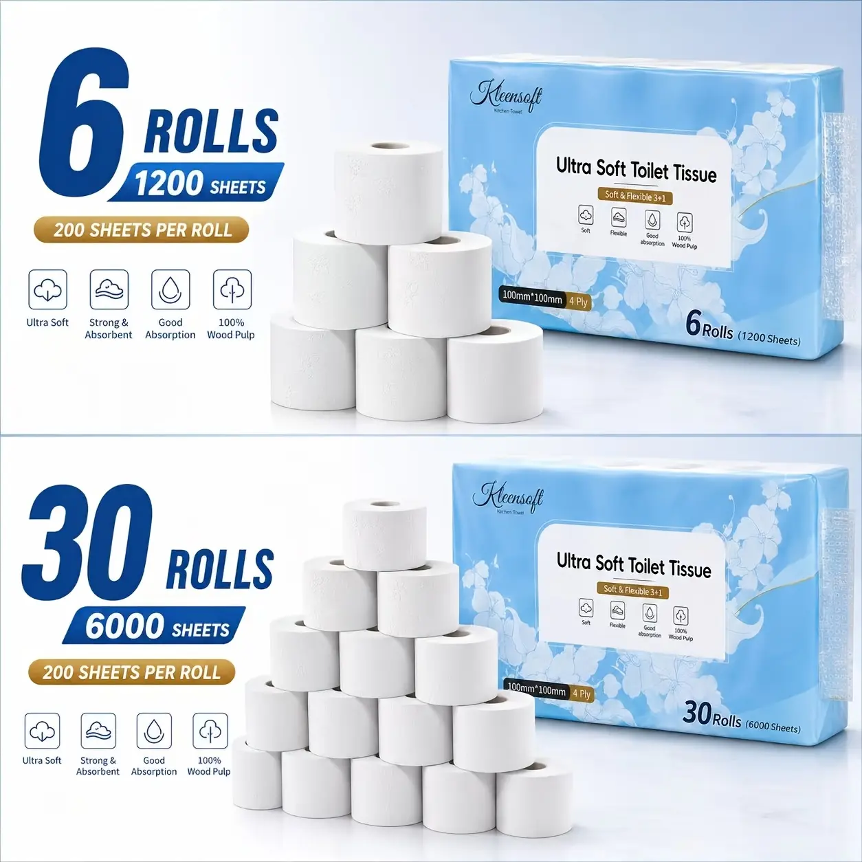 Toilet Paper Bulk Packs - 30 Rolls (6000 Sheets), 6 Rolls (1200 Sheets), 4-Ply Ultra Soft, Thick, Strong, Absorbent, 100% Virgin Wood Pulp, Septic Safe, Gentle on Skin, Home Bathroom Essentials