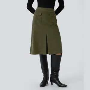 Halara Mid Rise Front Side Flap Pocket Midi Corduroy Casual Skirt