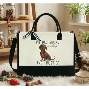 Dachshund Tote Bag – Christmas Gift for Dog Lover, Dachshund Mom Xmas Gift, Funny Dog Tote, Pet Lover Tote Bag, Dachshund Is Calling, 13oz Canvas Bag