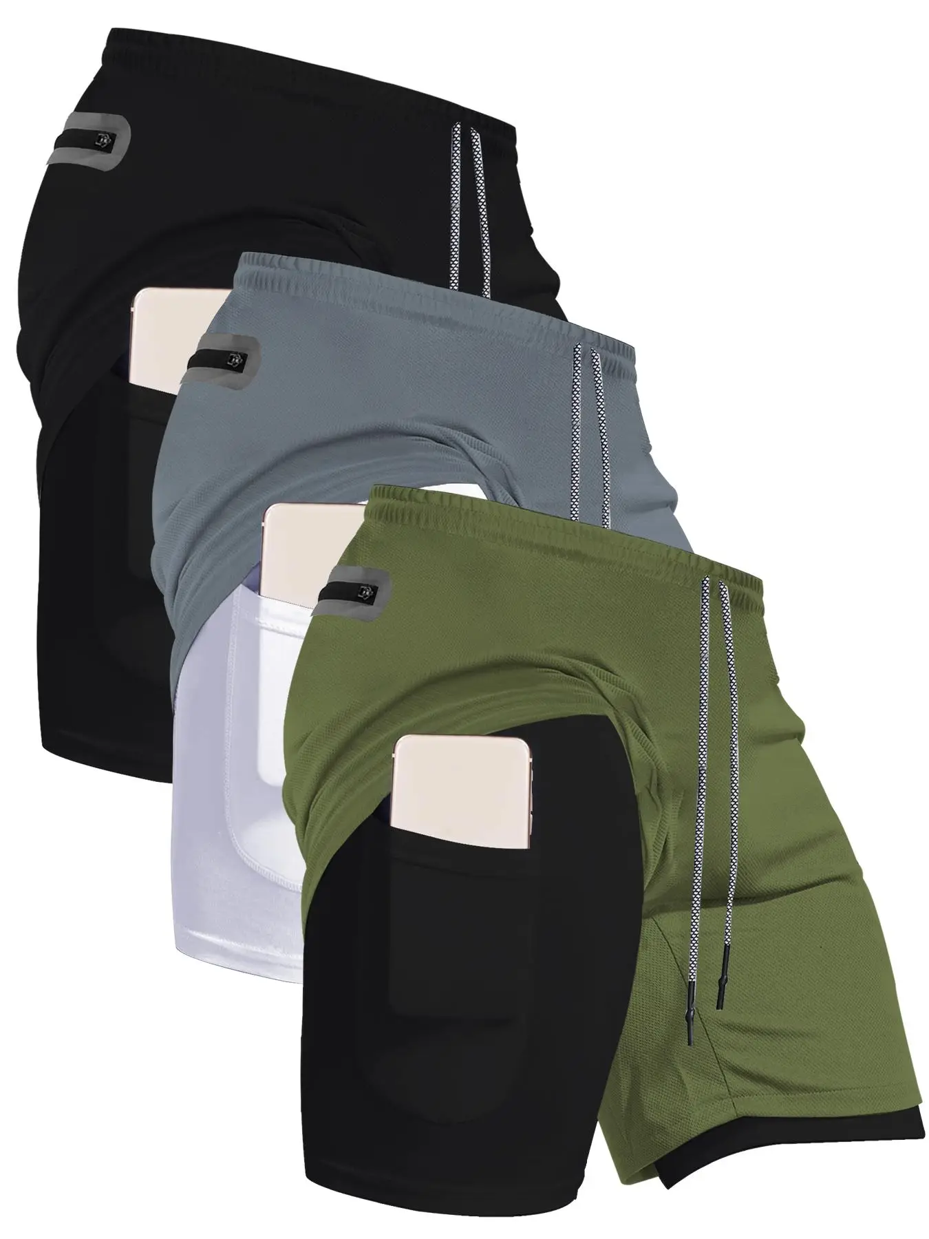 Men's 3pcs 2 in 1 Drawstring Waist Track Shorts, Regular Fit Casual Pocket Elastic Waist Shorts for Gym Workout Running, Breathable Men's Bottoms for