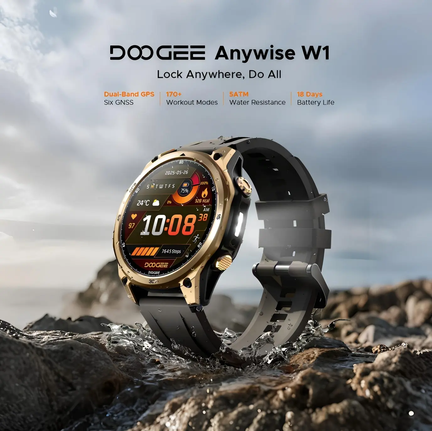 DOOGEE Anywise W1 – Dual-band GPS smartwatch with offline maps, 5 ATM water resistance, aluminum case, long battery life, 170+ sports modes, Bluetooth calls, Android/iOS compatible.