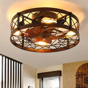Caged Ceiling Fans with Lights Black, 20 inch Flush Mount Ceiling Fan Light, Farmhouse Small Ceiling Fan with Light Fixture, Reversible Fan for Bedroom(E26 Bulbs Included)