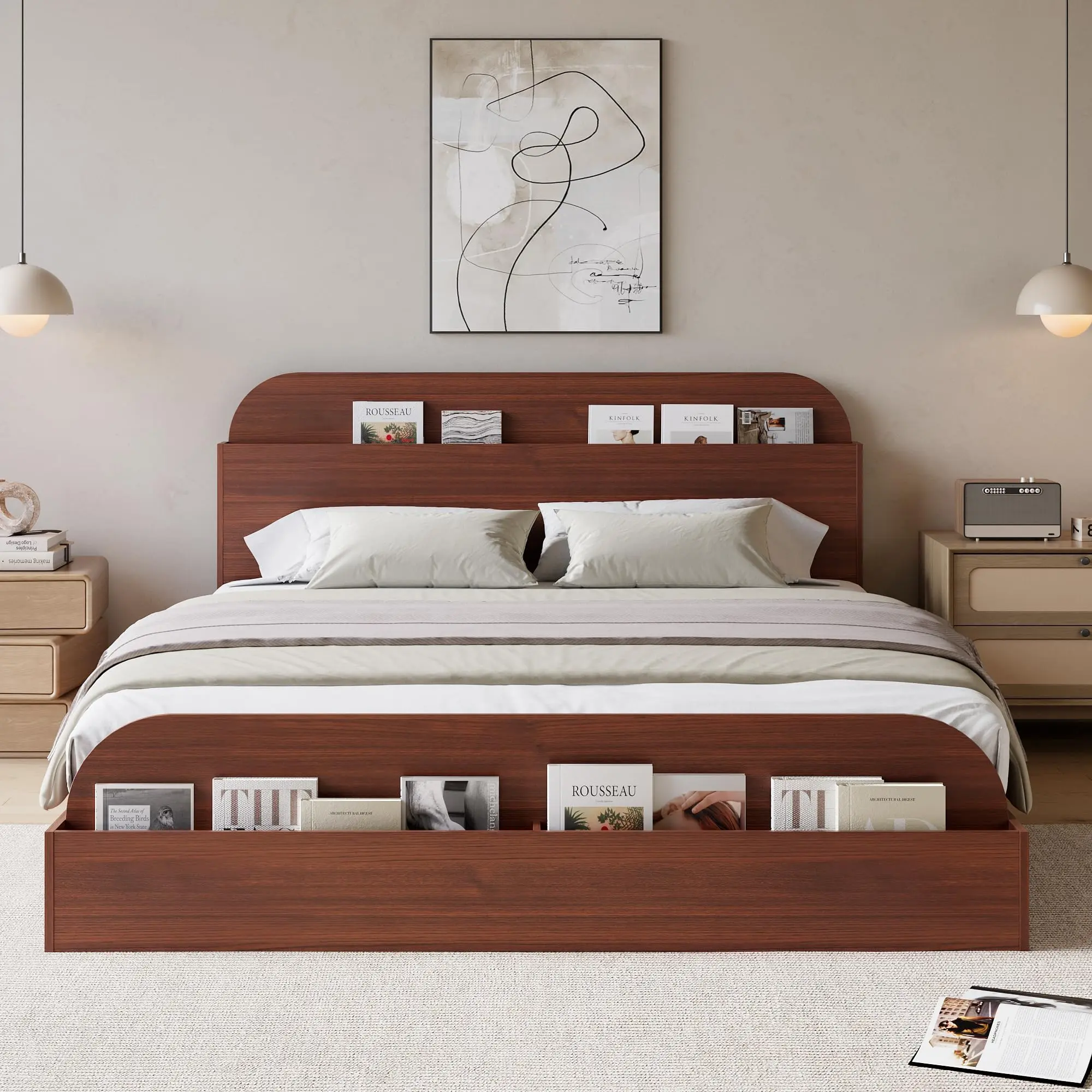 Garvee Platform Storage Bedframe - Wooden Bed Frame with Low Profile, Storage Headboard, Footboard, Wooden Slats and Built-In Compartments