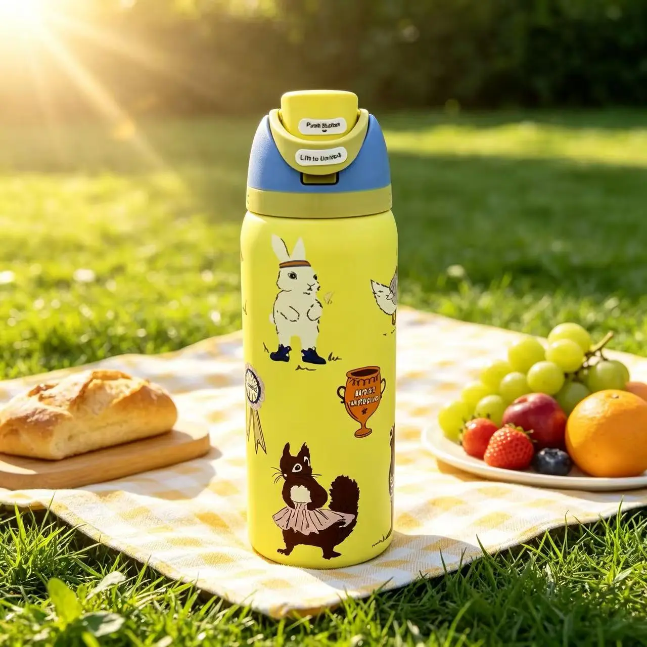 Cute yellow Owala 32oz water bottle, party animal cartoon print, insulated stainless steel cup with leak-proof lock lid, suitable for school and daily carry Drinkware Tumbler Mug Bottled Portable Reusable Washable