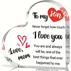 Christmas Ornament Gift for Son, Heart-Shaped Acrylic Plaque Decorative Desktop Decoration, Perfect Christmas Birthday New Year Present, Mom Loves You Message, Ideal for Holidays