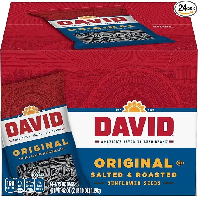 DAVID Roasted and Salted Sunflower Seeds, Original Flavor, 1.75oz. (Pack of 24) Snack