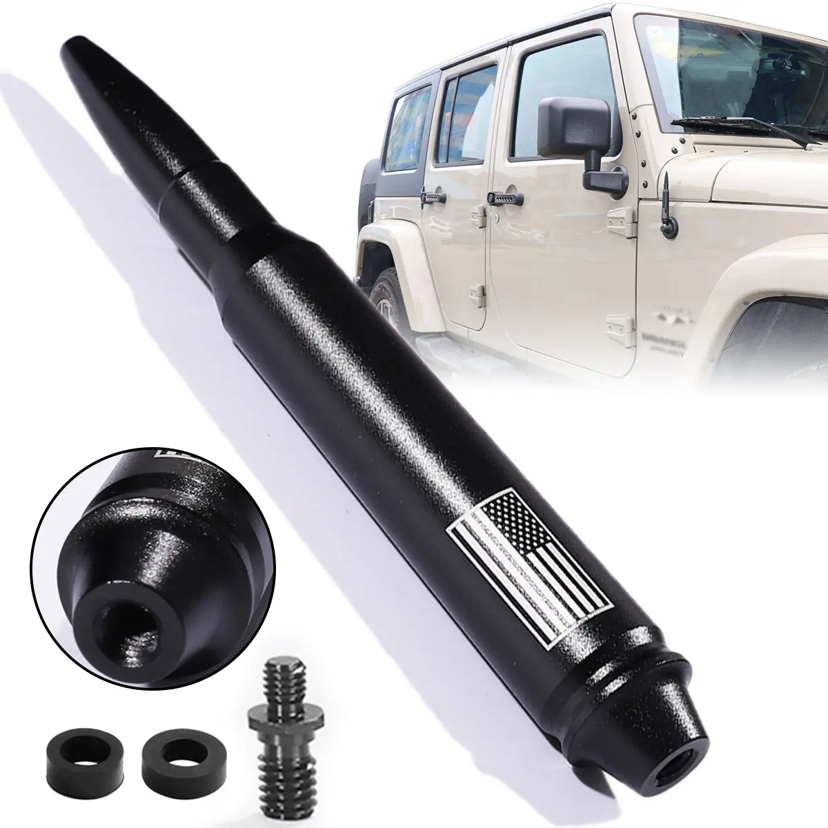 5.7 In Stubby Bullet Mast Antenna Toppers, 50 Cal Aluminum Universal Durable Car Replacement, All Seasons Signal-Enhancing Exterior Accessory for Jeep Wrangler 2007-2023 & Gladiator (American Flag Black Bullet Antenna), Aluminum Alloy