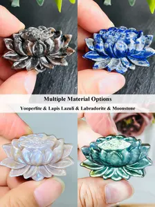 [StarDew] 1 Count Rock Crystal Lotus Carving Stone Ornament, Multiple Material Options - Yooperlite & Lapis Lazuli & Labradorite & Moonstone - Exquisite Handcrafted Artistic Flower Design, Floral Design, Relaxed Home Decor Perfect for Living Space