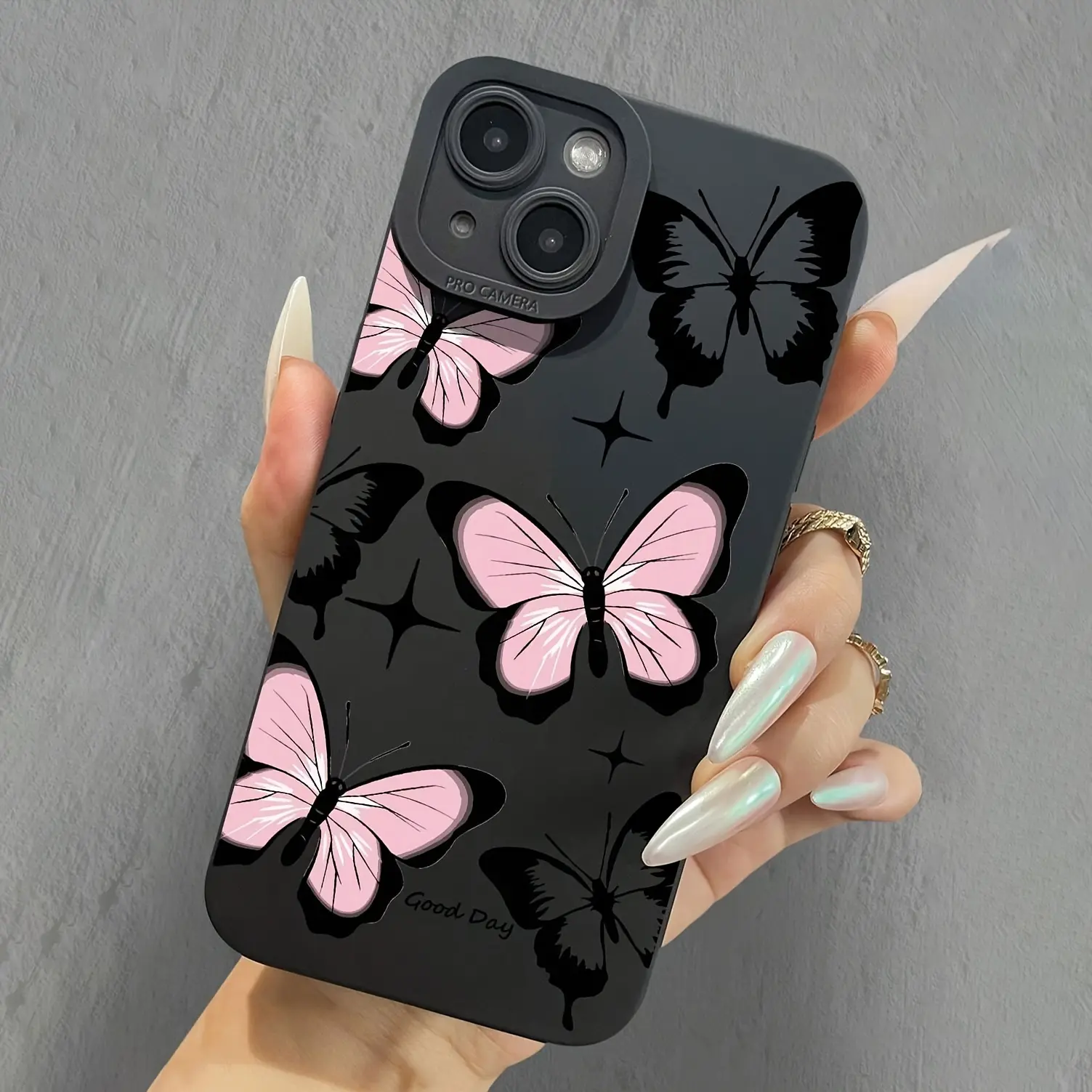 A Black Pink Butterfly Black Phone Case, TPU Shockproof Full Protection Case, Suitable for iPhone 17/16/15/14/13/12/11 PRO MAX PLUS AIR E XS and PROMAX MINI, Ideal Gift for Friends and Family, MS1959