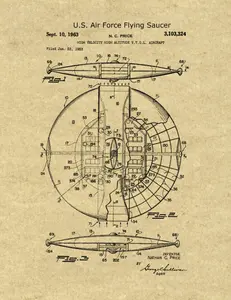 United States Flying Saucer Patent Print, Flying Saucer Art, UFO, Unidentified Object, U.S. Air Force Dated 1963 Unframed, Home Decor