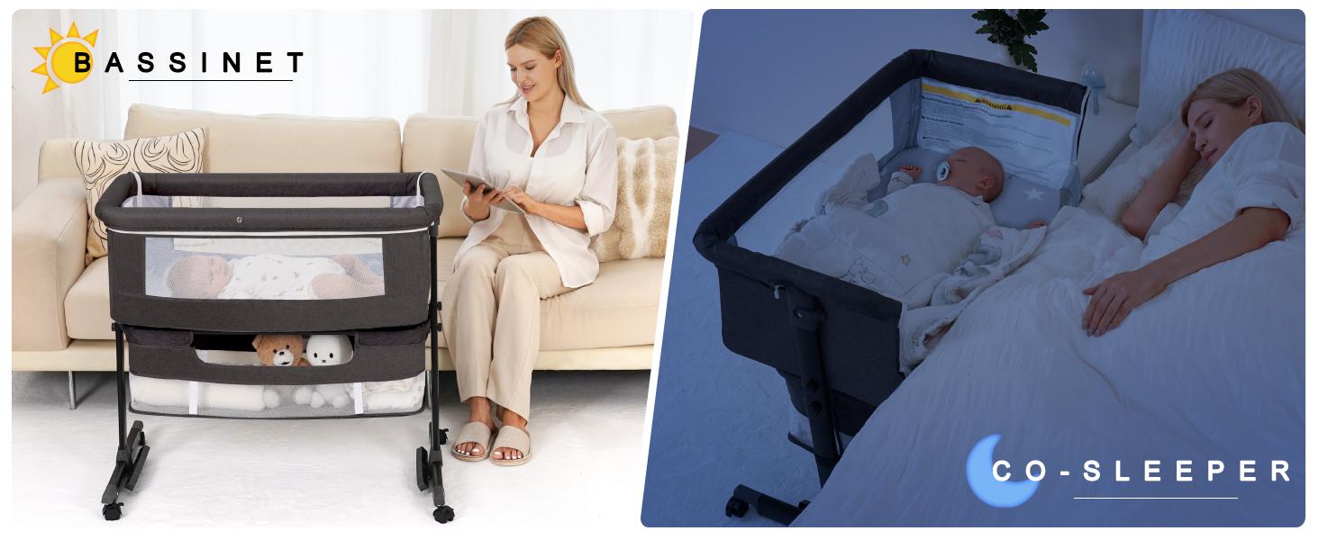 Baby Bassinet, Baby Basinet Bedside Sleeper, Easy to Fold Portable Crib Side Bassinet 2025new Style Girl/boy bassinets Height Adjustable Versatile