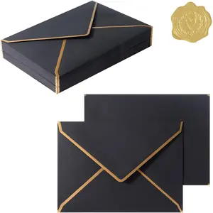 50 Pieces Black A4 4.25x6.25 Inches Envelopes with Gold Border and Gold Stickers for Greeting Cards and Invitations