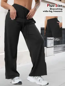 Women's High Waist Wide Leg Pants with Drawstring and Pockets, Plus Size Teacher Wear, Casual Sporty Pants for Exercise and Interviews, Loose Fit Bottoms