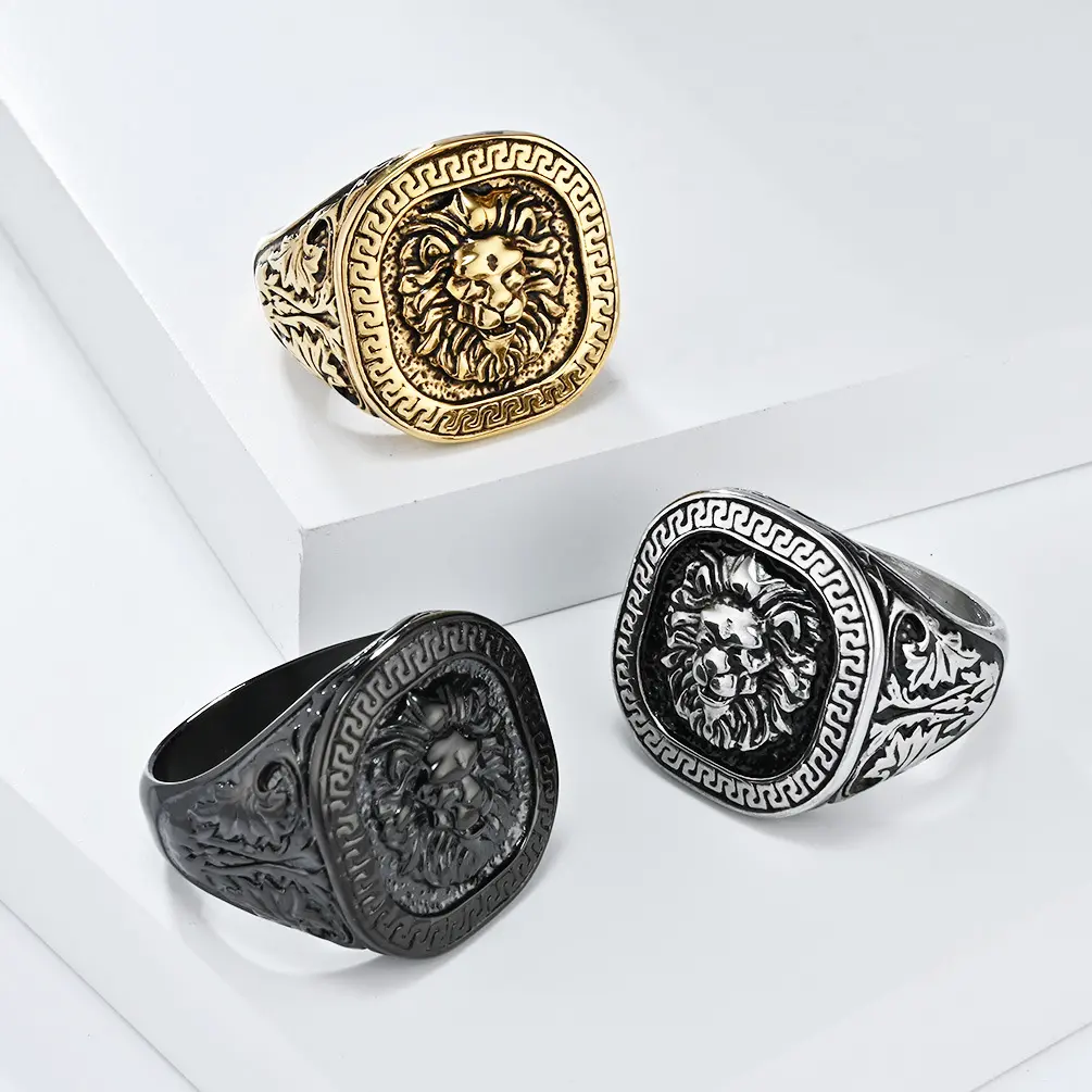 Men's Bold Lion Head Ring, Funky Animal-Themed Statement Wear, Titanium Stainless Steel Costume Jewelry, Steel Color