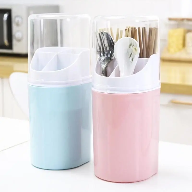 Food Grade PP Rectangle Chopstick Holder with Cover - 27 * 10 * 10Cm Removable Wall/Table-Mounted Organiser, Home Supplies, with Drain, Wipe Clean for Plastic Cutlery, Kitchen Supplies Storage, Easy Installation Pink, Dustproof