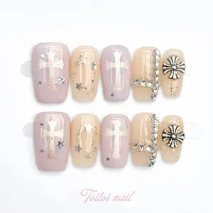 Gothic Cross Chrome Hearts Handmade Press-On Nails, Short Square Shape, 10pcs, Y2K Edgy Style, Nude Base, Silver Cross, Star Glitter, Glitter Rhinestones, Shimmer Finish, Reusable DIY Nail Kit for Spring & Festivals