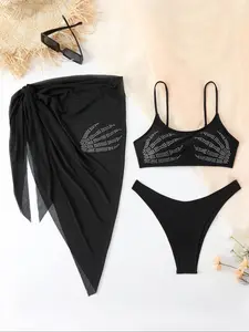 Women's Black Skeleton Hand Print Three-Piece Bikini Set - Asymmetrical Knot Design with Cover Up Skirt for Beach Holiday Vacation